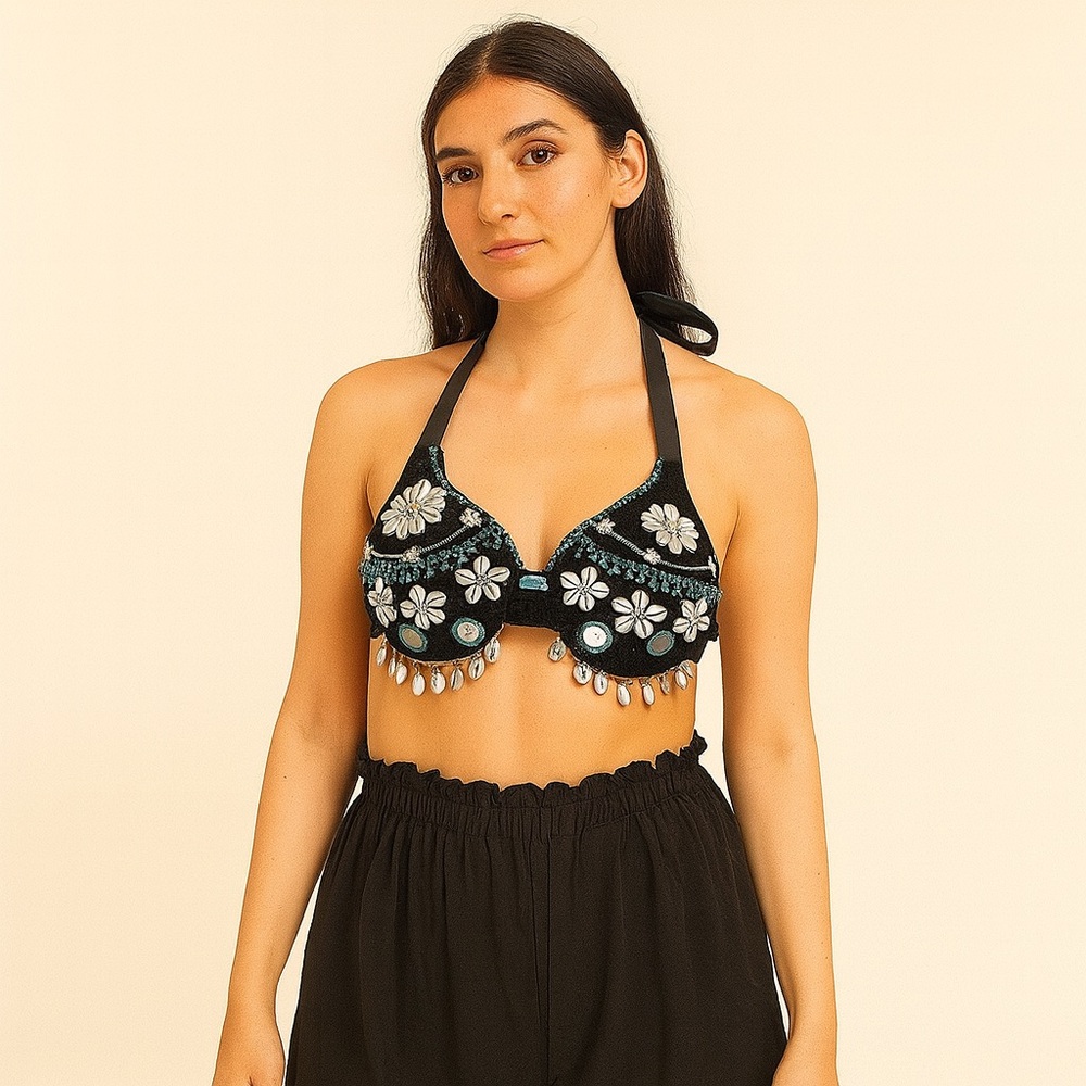 🌊 Shell Shocked Glam 🔥 Beaded Velvet Halter Top‎ Festival Bra